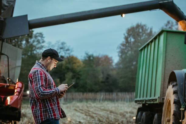 istock Farmer controlling his combine Harvester with his Tablet, emptying collected corn into a container, looking down, side view, in the evening 1372314201