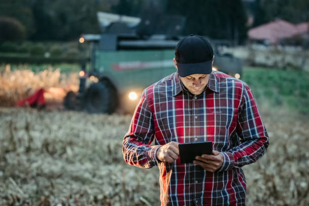 istock Farmer walking on stubble field, looking at his Tablet while his combine Harvester collecting corn in the background 1372314855