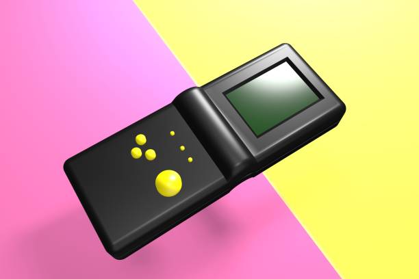 istock 3D illustration black retro electronic portable game console, 1980 90s style, on lilac background,  3D rendering 1372315275