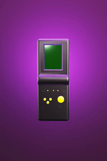istock 3D illustration black retro electronic portable game console, 1980 90s style, on lilac background,  3D rendering 1372315342