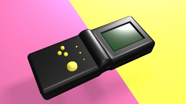 3D illustration black retro electronic portable game console, 1980 90s style, on lilac background,  3D rendering