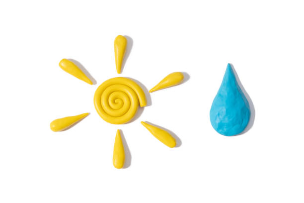 Yellow plasticine modeling clay finger textured sun and blue water drop with shadow isolated on white background. Top view, copy space.