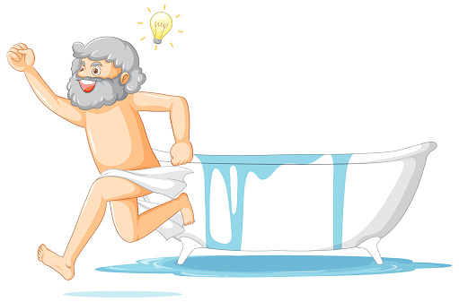 Happy Archimedes in bath cartoon illustration