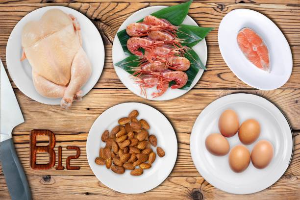Natural sources of Vitamin B12 (Cobalamin) for normalization of sleep; ensuring normal brain function; supporting the respiratory system; alzheimer's deasease treatment. Top view