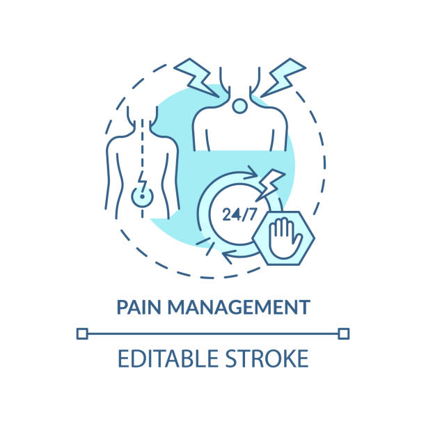 Pain management turquoise concept icon Pain management turquoise concept icon. Patient care. Service of medical center abstract idea thin line illustration. Isolated outline drawing. Editable stroke. Arial, Myriad Pro-Bold fonts used chronic illness stock illustrations