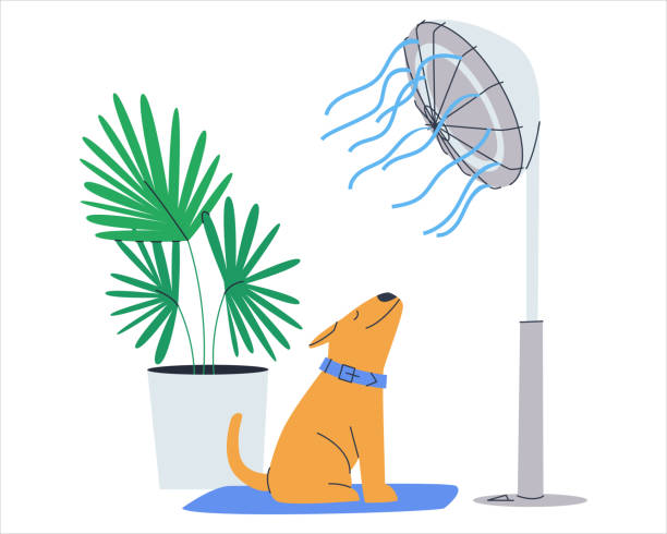 A small dog put its muzzle under a running fan. Cooling down a pet on a hot summer day. Flat vector illustration. A small dog put its muzzle under a running fan. Cooling down a pet on a hot summer day. Flat vector illustration. Eps10 put down stock illustrations