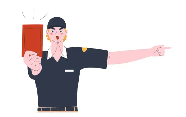 Vector illustration of The football referee blows his whistle with a red card. Violation of the rules in the game. Flat vector illustration.