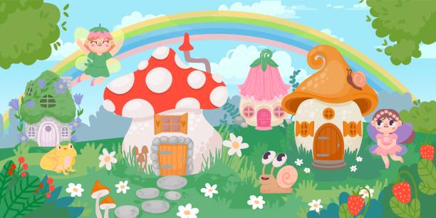 ilustrações de stock, clip art, desenhos animados e ícones de magic forest village landscape with little houses and fairy. flower and mushroom fantazy homes for gnomes. fairytale panorama vector scene - cartoon mushroom fairy fairy tale