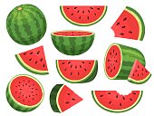 istock Cartoon fresh green open watermelon half, slices and triangles. Red watermelon piece with bite. Sliced cocktail water melon fruit vector set 1372321167
