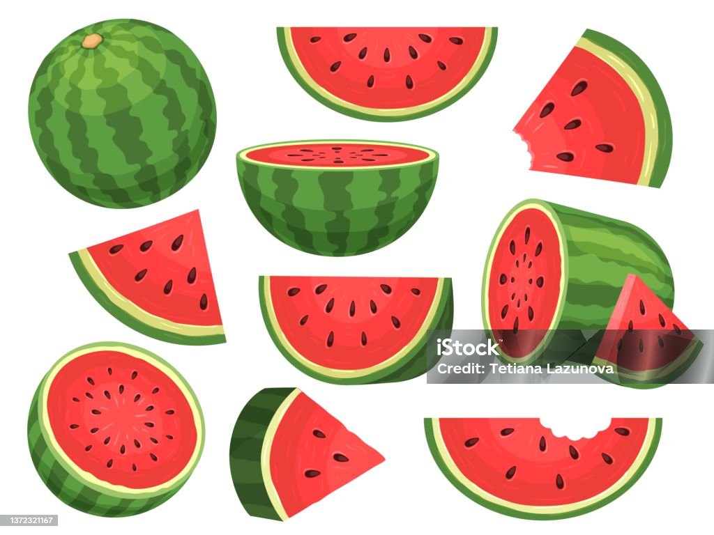 Hoạt Hình Dưa Hấu Mở Màu Xanh Lá Cây Tươi Một Nửa Lát Và Tam Giác ...