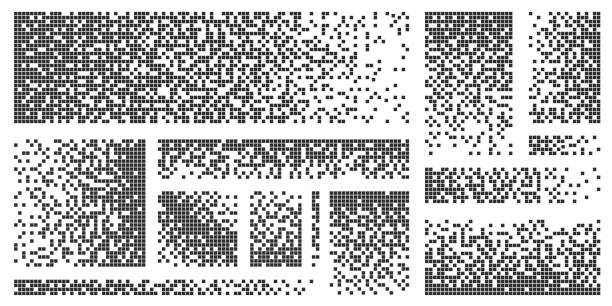 illustrations, cliparts, dessins animés et icônes de arrière-plan de désintégration des pixels, les points numériques dissolvent l’effet. disparition de mosaïques carrées brisées. ensemble de vecteurs de défragmentation des particules de données - pixellisation