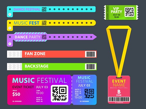 Event tickets, entrance bracelets and badge for access control. Music festival, show, concert or vip party wristband pass designs vector set. Bracelet to access, ticket identification illustration