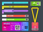 Event tickets, entrance bracelets and badge for access control. Music festival, show, concert or vip party wristband pass designs vector set