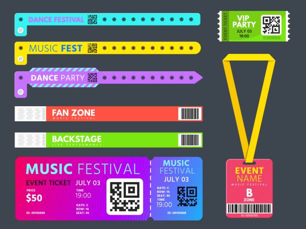 Event tickets, entrance bracelets and badge for access control. Music festival, show, concert or vip party wristband pass designs vector set Event tickets, entrance bracelets and badge for access control. Music festival, show, concert or vip party wristband pass designs vector set. Bracelet to access, ticket identification illustration bracelet stock illustrations