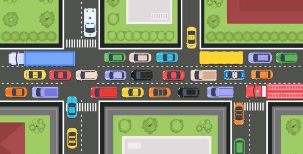 ilustrações de stock, clip art, desenhos animados e ícones de city road top view with cars traffic and buildings. street with transport jam, urban highway map with vehicles. city vector infrastructure - road top view