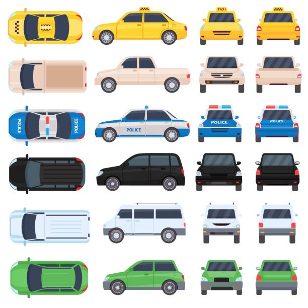 Flat cars, police and taxi top, side, back and front view. Cartoon auto transport, pickup, suv and minivan views. Vehicle behind vector set vector art illustration