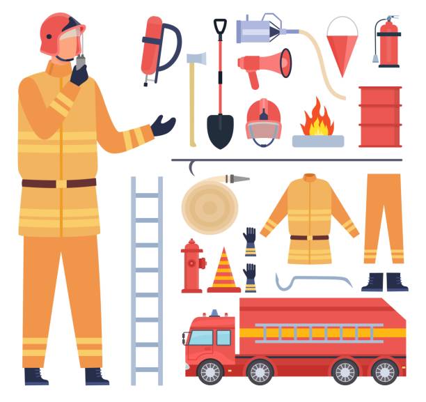 Cartoon fireman character in uniform, firefighter equipment and tools. Water hose, fire engine, extinguisher, helmet and hydrant vector set Cartoon fireman character in uniform, firefighter equipment and tools. Water hose, fire engine, extinguisher, helmet and hydrant vector set. Illustration of fireman character, axe and extinguisher emergency first response stock illustrations