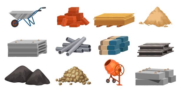 ilustrações de stock, clip art, desenhos animados e ícones de cartoon building materials, slabs, bricks, metal pipes and piles. construction site blocks, cement heap, gravel, sand and tools vector set - rock vector stack heap