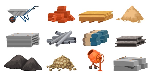 Cartoon building materials, slabs, bricks, metal pipes and piles. Construction site blocks, cement heap, gravel, sand and tools vector set of material block, concrete for construction building