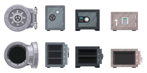 stockillustraties, clipart, cartoons en iconen met bank metal vault and safes with open and closed doors. secure boxes with code locks. gold and money protection. empty safe inside vector set - brandkast beveiligingsapparatuur
