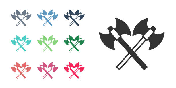 Black Crossed medieval axes icon isolated on white background. Battle axe, executioner axe. Medieval weapon. Set icons colorful. Vector Black Crossed medieval axes icon isolated on white background. Battle axe, executioner axe. Medieval weapon. Set icons colorful. Vector. executioner stock illustrations