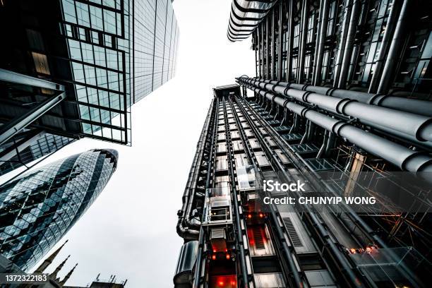 Looking Directly Up At The Skyline Of The Financial District In Central London Stock Photo - Download Image Now