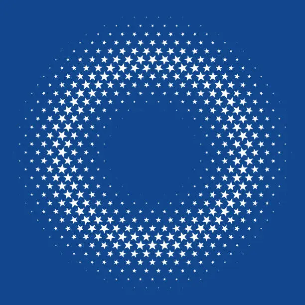 Vector illustration of White stars in grid pattern and in orbit around copy space, on blue background