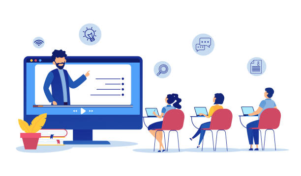 bildbanksillustrationer, clip art samt tecknat material och ikoner med vector of students learning online at home by webinar training - virtuell verklighet