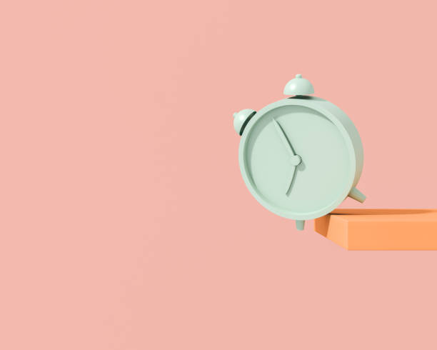 A green classic alarm clock brightly lit by the sun's rays falls from a shelf on a pink background. The concept of morning awakening, reminder, deadline in trendy pastel colors. Copy space. 3d render. stock photo