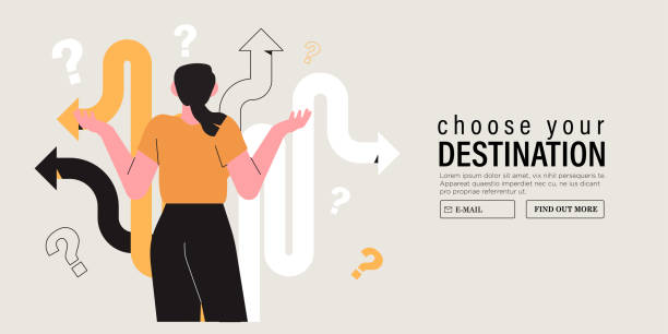 ilustrações de stock, clip art, desenhos animados e ícones de business decision making, career path, work direction or choose the right way to success concept, confusing woman or student looking at crossroad sign with question mark and think which way to go. - vector illustration