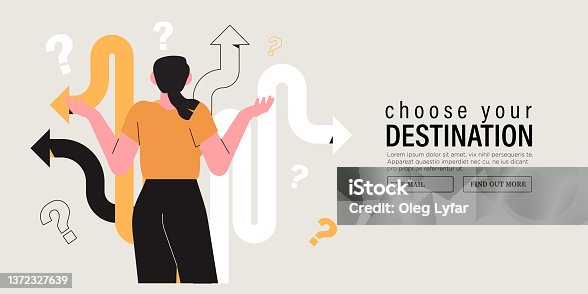 istock Business decision making, career path, work direction or choose the right way to success concept, confusing woman or student looking at crossroad sign with question mark and think which way to go. 1372327639