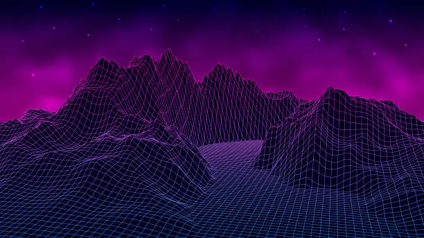 Vector illustration of Wireframe landscape background. Digital retro landscape 1980s style. Cyberspace grid. Vector illustration.