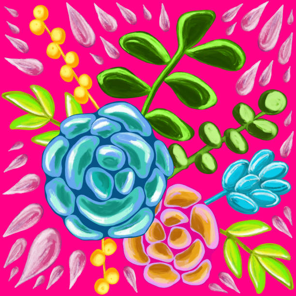 ilustrações, clipart, desenhos animados e ícones de modelo de cartão de saudação com padrão floral. fundo abstrato com folhas desenhadas à mão, flores e suculentas. óleo, pintura acrílica padrão floral. elemento de design para cartões de boas-vindas e casamento, aniversário e outros cartões de f - multi colored floral pattern acrylic painting purple