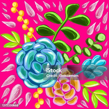 istock Greeting Card Template with Floral Pattern. Abstract Background with Hand Drawn Leaves, Flowers and Succulents . Oil, Acrylic Painting Floral Pattern. Design Element for Greeting Cards and Wedding, Birthday and other Holiday and Invitation Cards. 1372330668