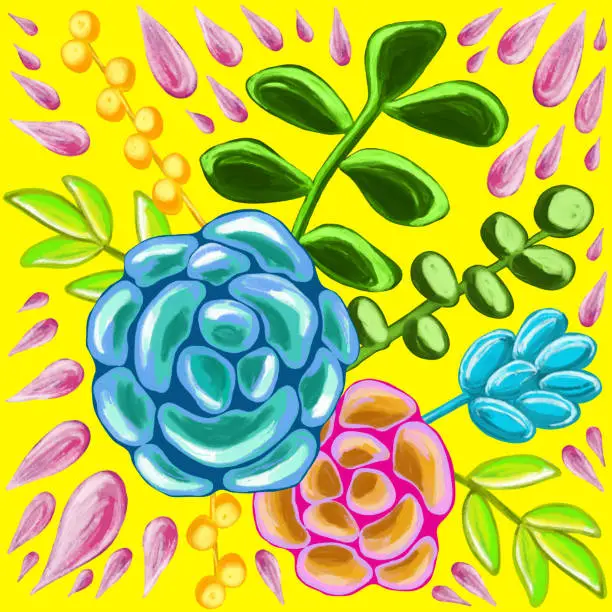 Vector illustration of Greeting Card Template with Floral Pattern. Abstract Background with Hand Drawn Leaves, Flowers and Succulents . Oil, Acrylic Painting Floral Pattern. Design Element for Greeting Cards and Wedding, Birthday and other Holiday and Invitation Cards.