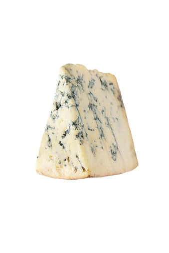 Blue cheese, dor blue or roquefort mold cheese slice isolated on white