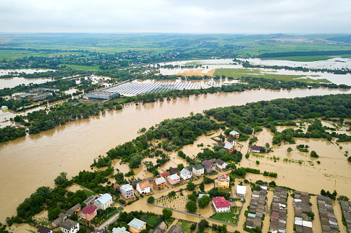 IJssel river with high water level on the floodplains of the river IJssel at the Reevediep bypass after a long period of heavy rain upstream in December 2023. For the first time the river IJssel flows directly in the new anabranch Reevediep near Kampen.