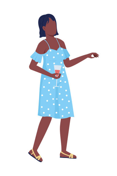 illustrations, cliparts, dessins animés et icônes de invité de fête en robe bleue semi-plate couleur vectorielle caractère - women cheerful vertical 20s