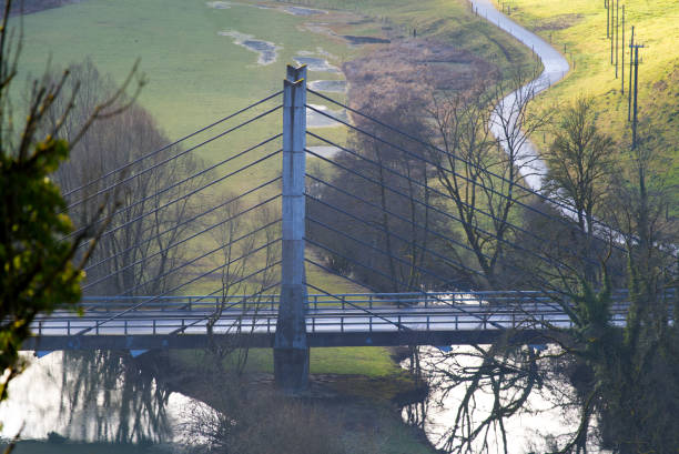 вид с воздуха на веревочный мост возле небольшого средневекового городка сен-урсанна с рекой ду и расфокусированными деревьями на передне� - doubs river стоковые фото и изображения