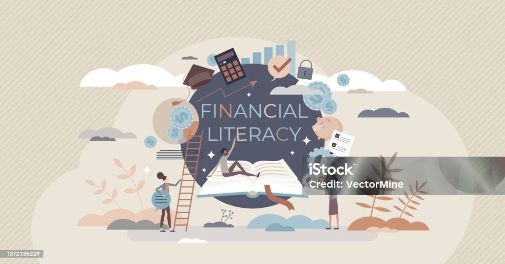 Financial literacy and education with learning from books tiny person concept Financial literacy and education with learning from books tiny person concept. Economic knowledge and personal skills development with reading courses vector illustration. Money planning and control. Financial Literacy stock vector