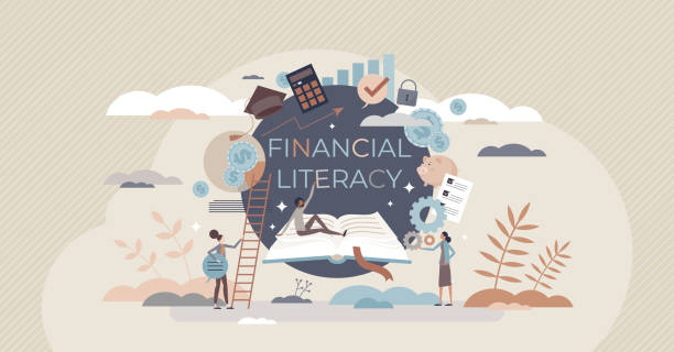Financial literacy and education with learning from books tiny person concept vector art illustration