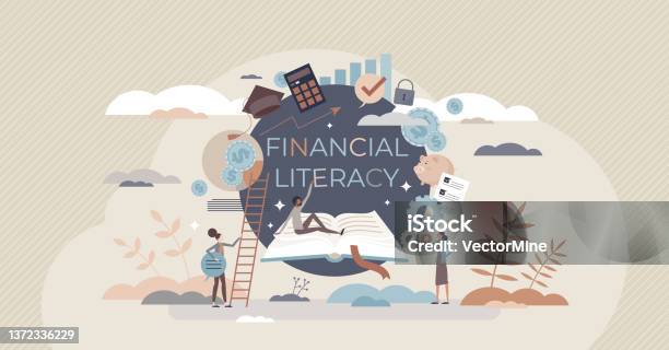 Financial Literacy And Education With Learning From Books Tiny Person Concept Stock Illustration - Download Image Now