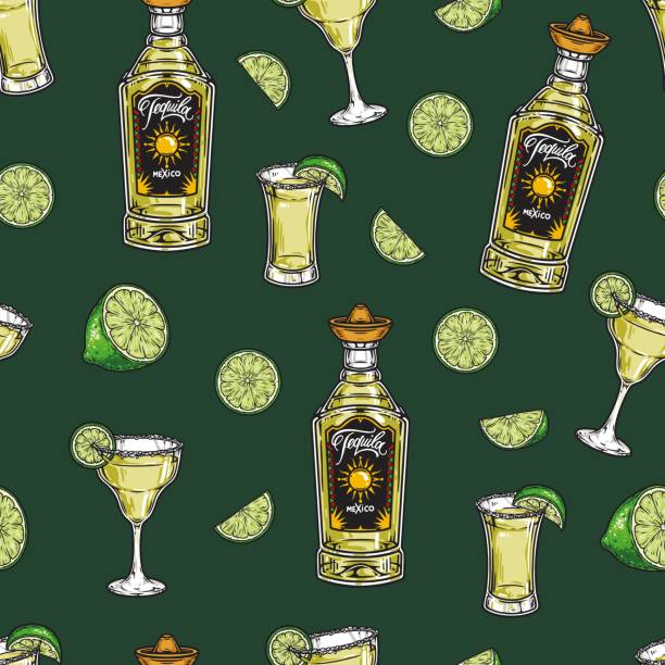 테킬라 음료 빈티지 매끄러운 패턴 - shot glass mexican culture lime alcohol stock illustrations