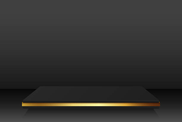 istock Luxurious black and gold podium, gold glitter stage and dark empty room. Abstract vector rendering of a 3d shape to display promotional products. Studio room with a minimal stage. 1372341508