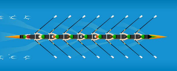 ilustrações, clipart, desenhos animados e ícones de coxed octuple scull equipe de barco a remo vence a competição - remo desportivo