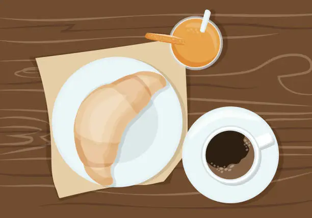 Vector illustration of Fresh croissant for breakfast. A pastry and a drink is a delicious snack. Cartoon vector illustration hand drawing