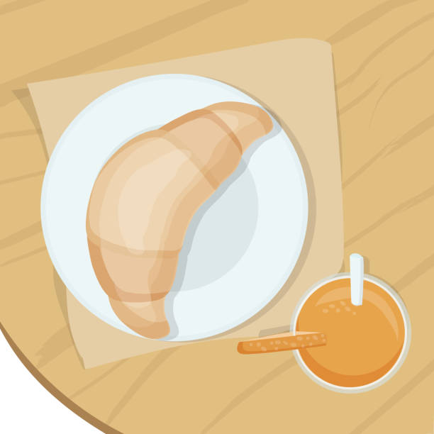 illustrations, cliparts, dessins animés et icônes de croissant frais pour le petit déjeuner. une pâtisserie et une boisson sont une délicieuse collation. dessin à la main d’illustration vectorielle de dessin animé - bread food basket sweet bun