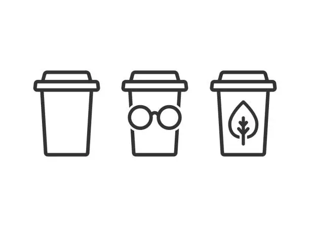 Vector illustration of take-out coffee cup set. disposable cardboard cup of coffee. Paper container line icon isolated on white. Fast food, lunch delivery picrogram.