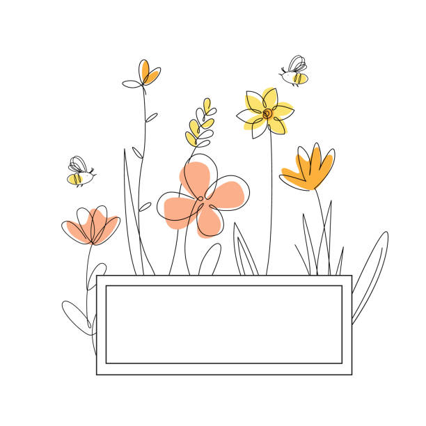 ilustrações de stock, clip art, desenhos animados e ícones de rectangle frame with honey flowers and bees. cartoon vector illustration, continuous line drawing style - field image computer graphic bee