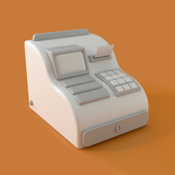 White Cash Register Machine, in Orange Background, 3d Rendering stock photo